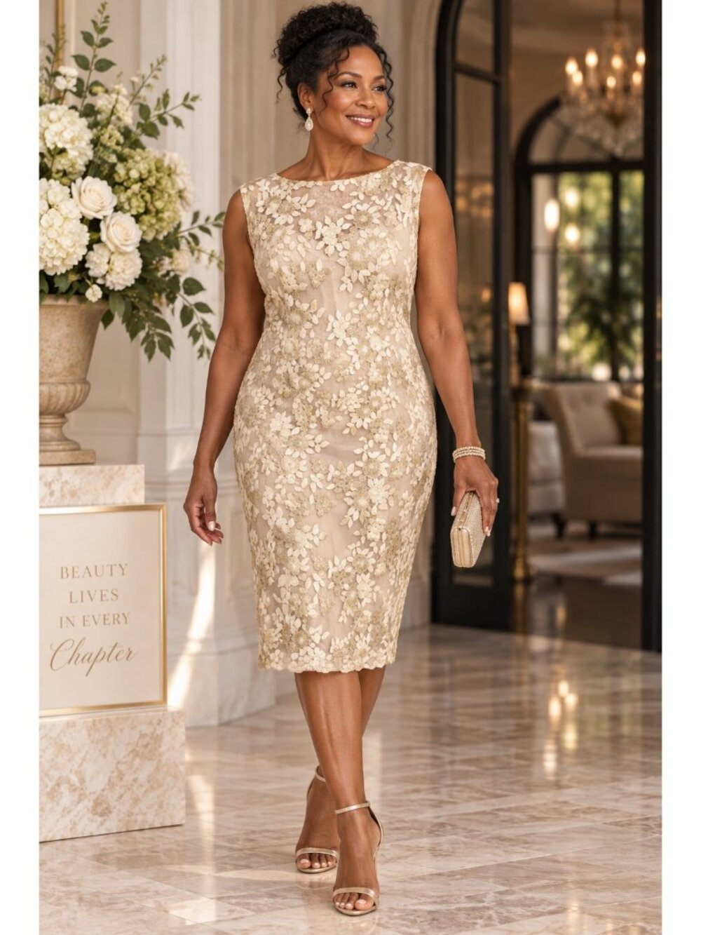 Lauren Ralph Lauren Size 16 Ivory Gold Floral Embroidered Mesh Sheath Dress